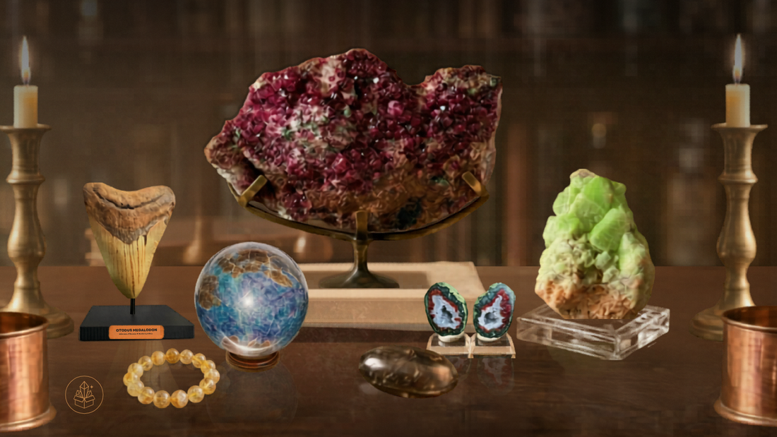 Curated Mystic Parcel crystals, mineral specimens, fossil, bracelet, and polished stones arranged in a warm apothecary-style display.