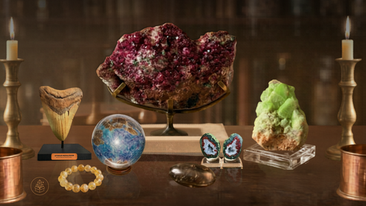 Curated Mystic Parcel crystals, mineral specimens, fossil, bracelet, and polished stones arranged in a warm apothecary-style display.