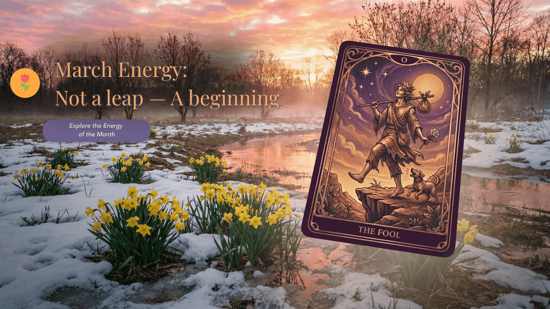 March Energy Report featuring The Fool tarot card representing transformation, growth, and new beginnings in a mystical spring landscape