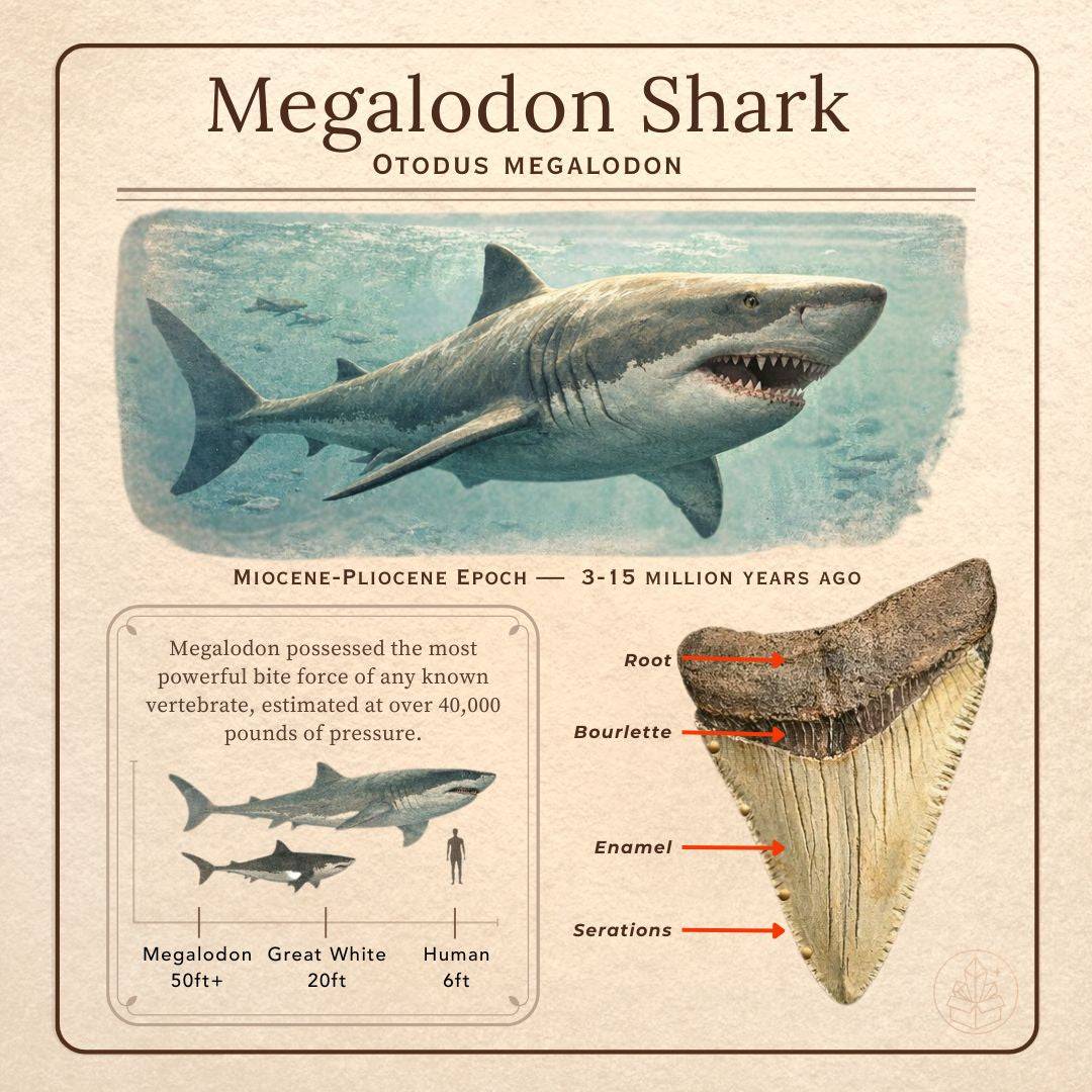 Infographic about Megalodon shark with a large shark illustration and tooth diagram.