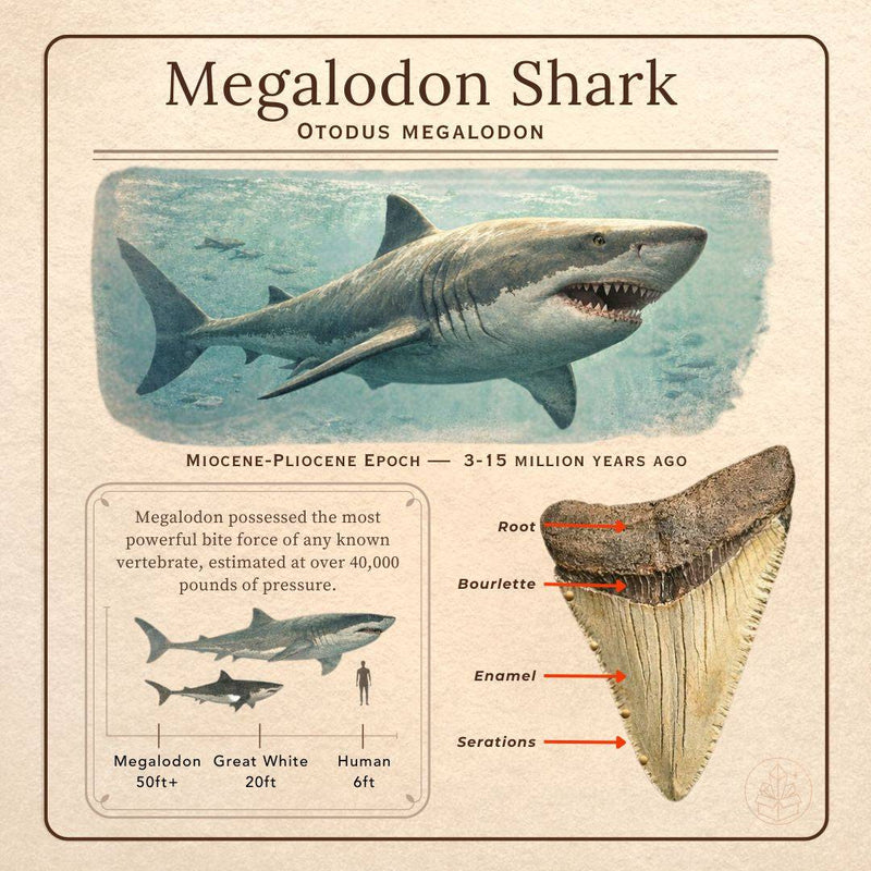 Infographic about Megalodon shark with a large shark illustration and tooth diagram.