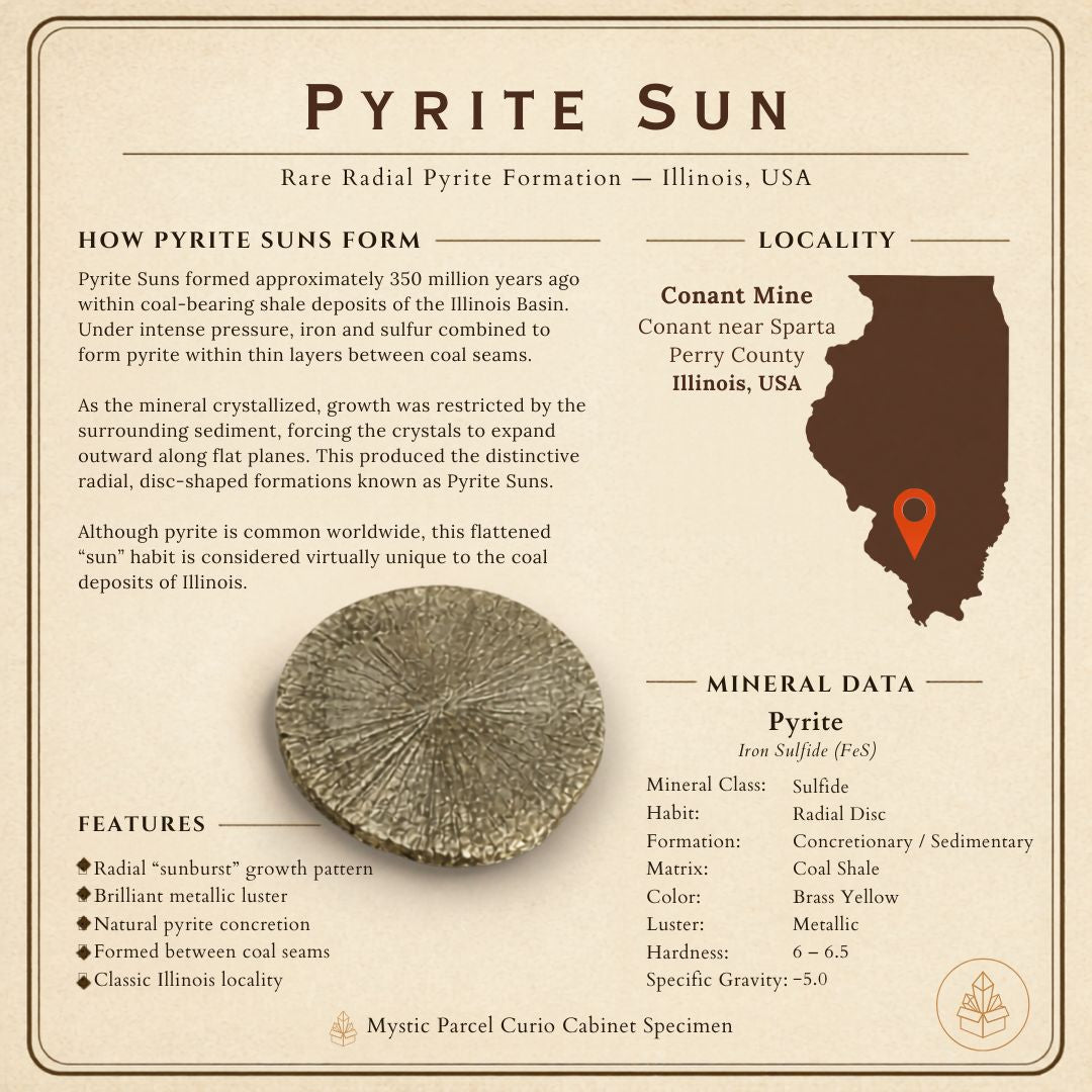 Specimen Atlas graphic for Pyrite Sun, showing a radial disc-shaped pyrite specimen from the Conant Mine near Sparta, Illinois, with formation details and mineral data.