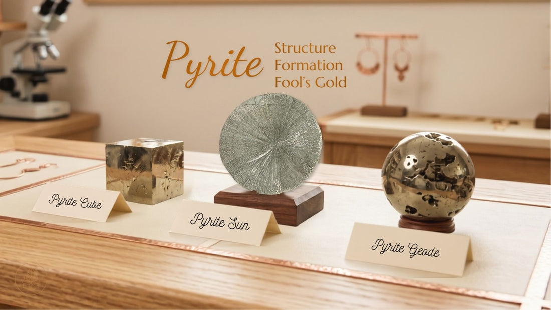 Hero image for a pyrite article showing a pyrite cube, Pyrite Sun, and pyrite geode displayed on a warm mineral study table with text reading Pyrite, Structure, Formation, and Fool’s Gold.