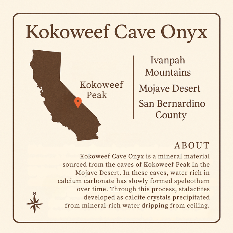 Map graphic showing Kokoweef Peak in California's Mojave Desert, highlighting the origin of the Unique Kokoweef Cave Stalactite 