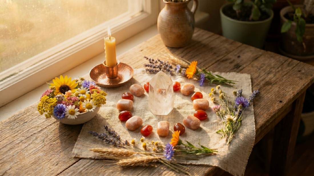 Sunlit summer solstice altar with Carnelian, Clear Quartz, and Sunstone arranged in warm natural light for a seasonal crystal ritual.