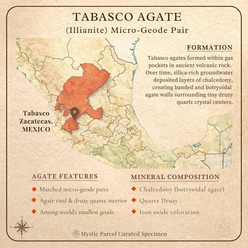 Map and info of Tabasco Agate formation from Zacatecas, Mexico
