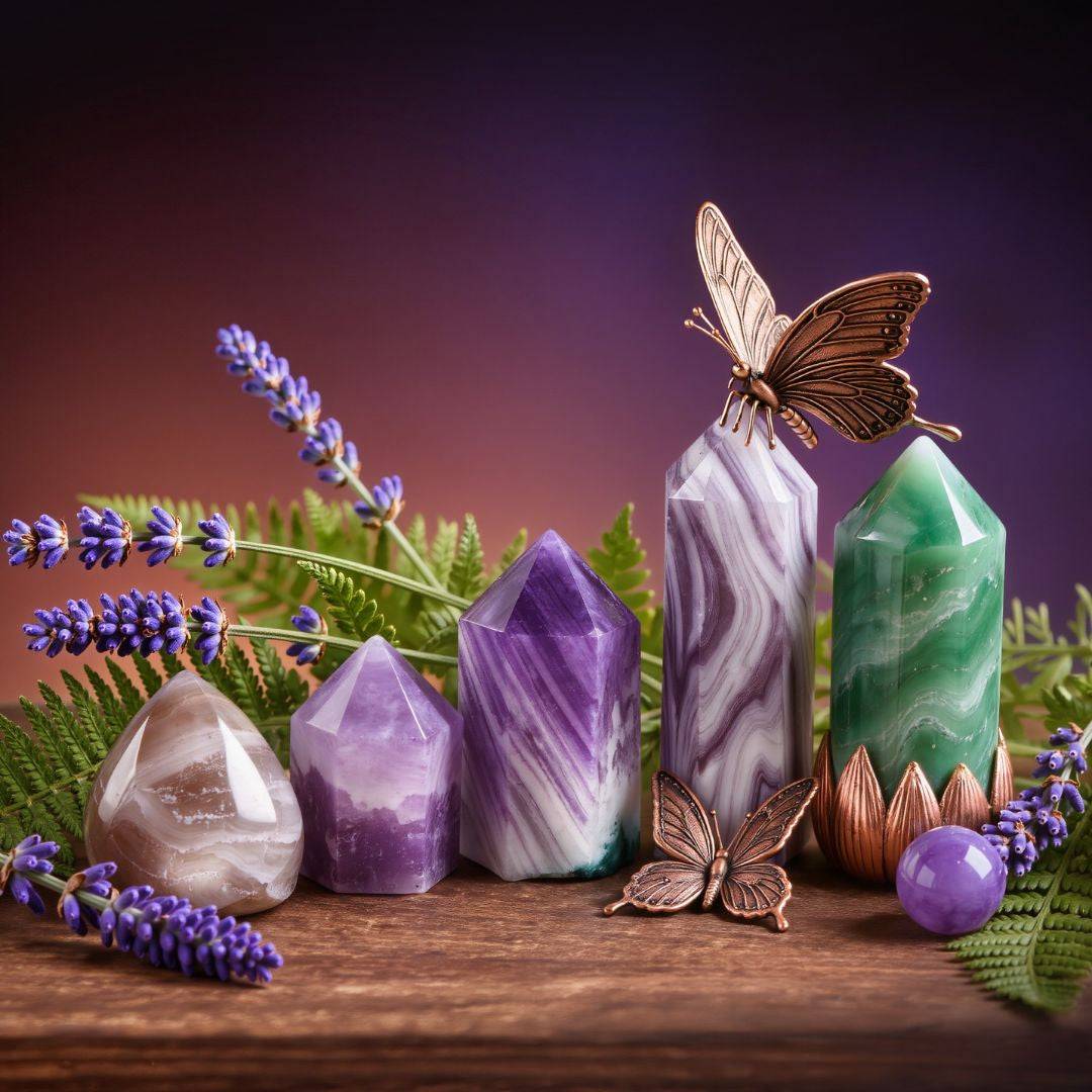 Crystals symbolizing transformation and renewal arranged with lavender and a butterfly, representing growth, transition, and new beginnings.