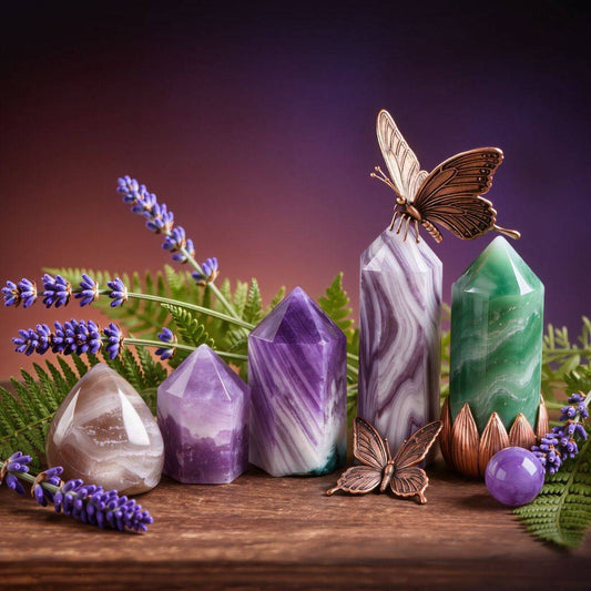 Crystals symbolizing transformation and renewal arranged with lavender and a butterfly, representing growth, transition, and new beginnings.