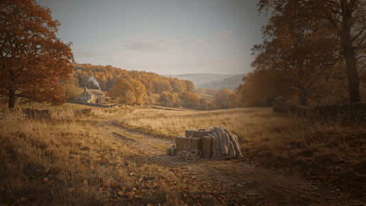 Vintage luggage and a winter coat left behind on a winding country path during a golden autumn afternoon.