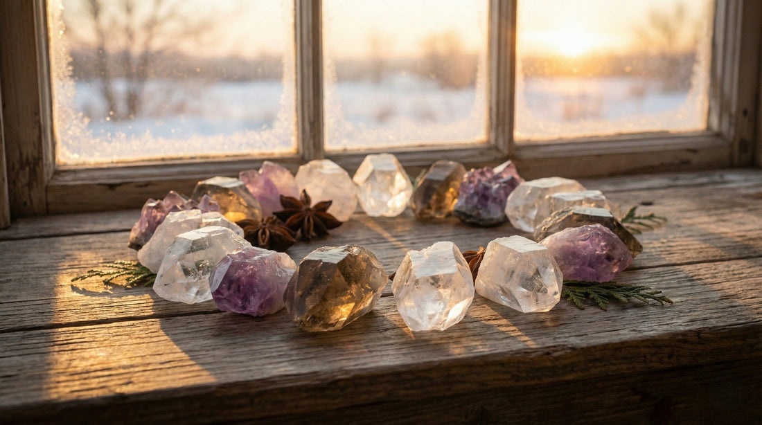 Crystal circle on windowsill at sunrise for Winter Solstice renewal.