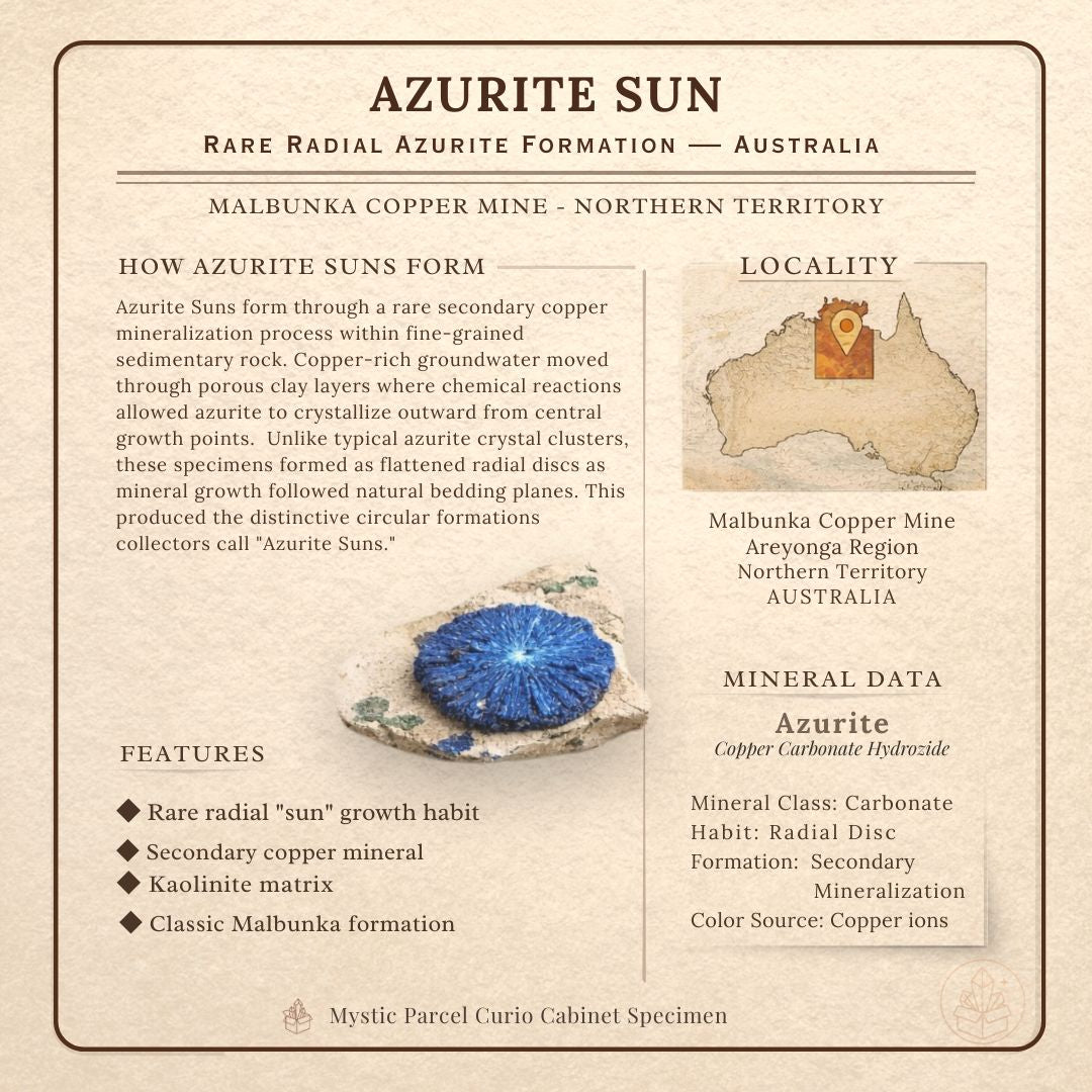 Informational card for Azurite Sun specimens from Malbunka Copper Mine, Australia, describing radial azurite formation, kaolinite matrix, and mineral data.