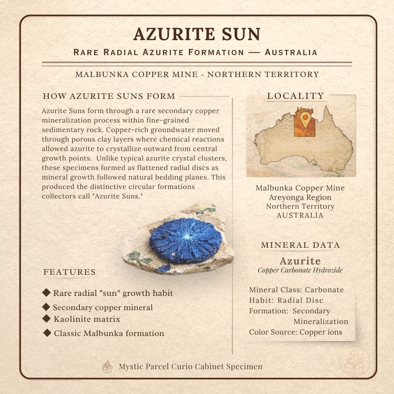 Informational card for Azurite Sun specimens from Malbunka Copper Mine, Australia, describing radial azurite formation, kaolinite matrix, and mineral data.