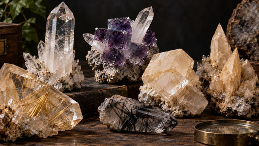 A natural-history style display of quartz, fluorite, calcite, and included quartz, including clear quartz crystals penetrating purple fluorite, illustrating crystal structure, habit, and mineral growth relationships.