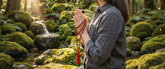 Hands held in prayer holding a red jasper mala necklace with tassel, surrounded by a natural forest setting, symbolizing grounding, meditation, and ritual practice.