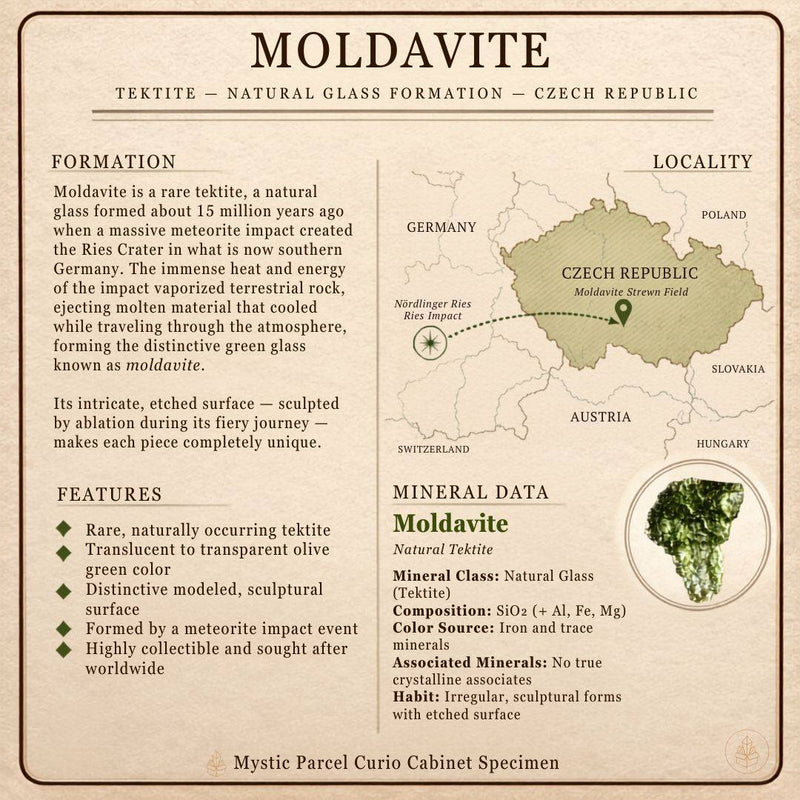 Vintage-style Moldavite specimen information card featuring formation details, the Czech Republic strewn field, the Nördlinger Ries impact site, material data, and a green Moldavite tektite.