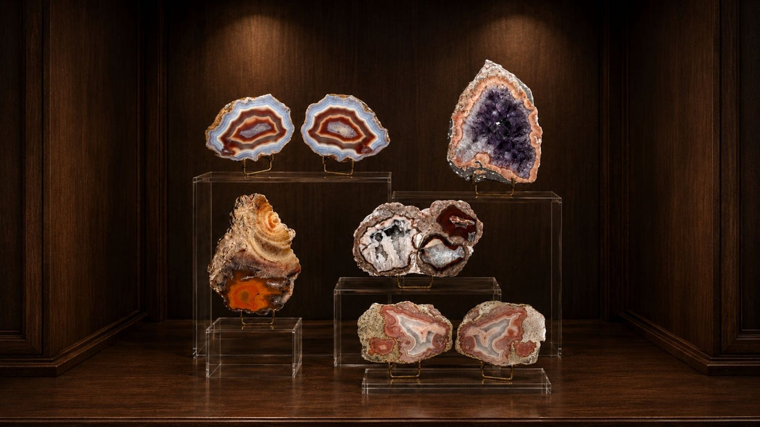Collection of five unique agate specimens displaying layered banding, crystal interiors, and vibrant natural colors from global locations