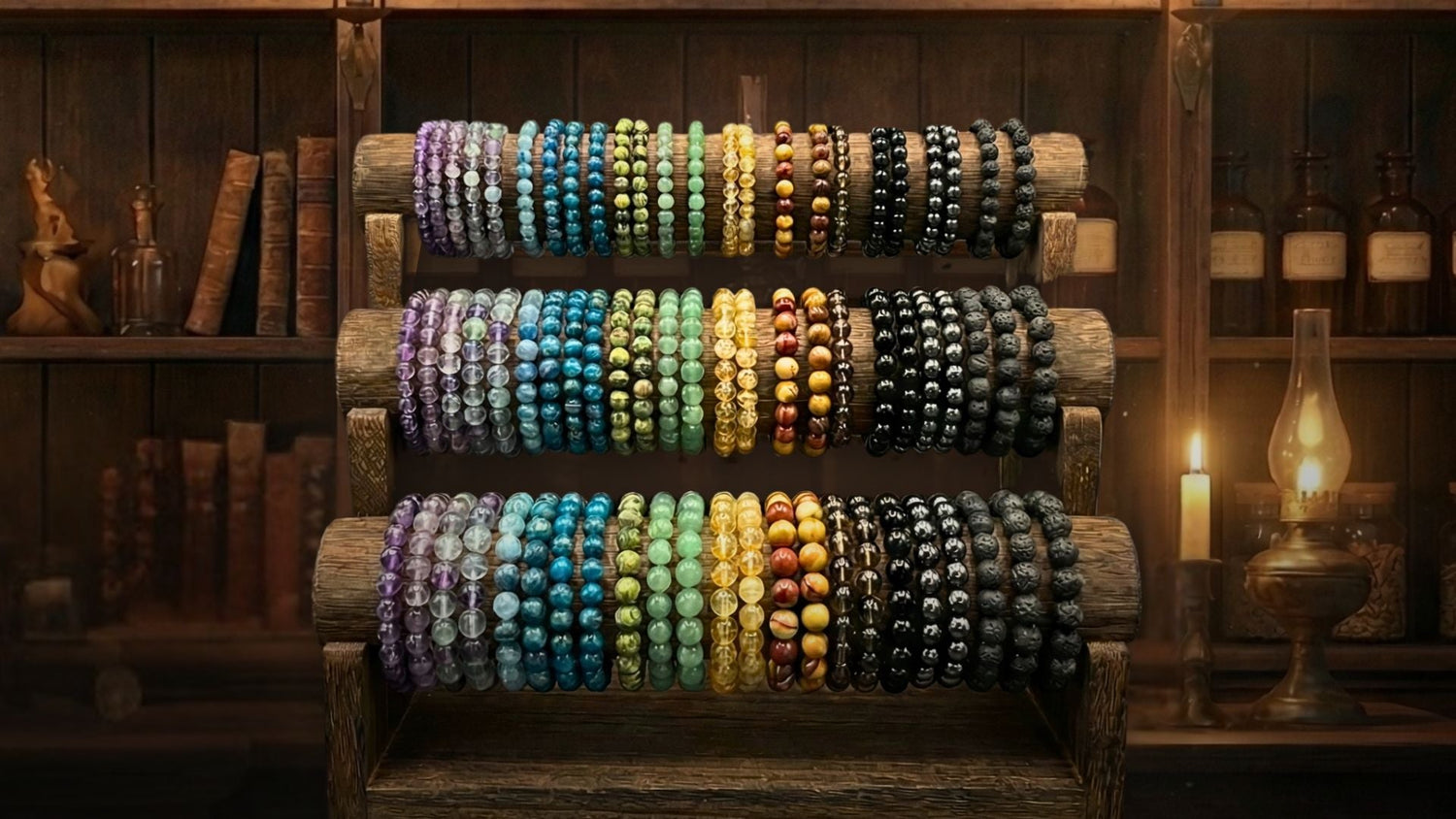 Vibrant energetic intention stone bracelets displayed on wooden stand.