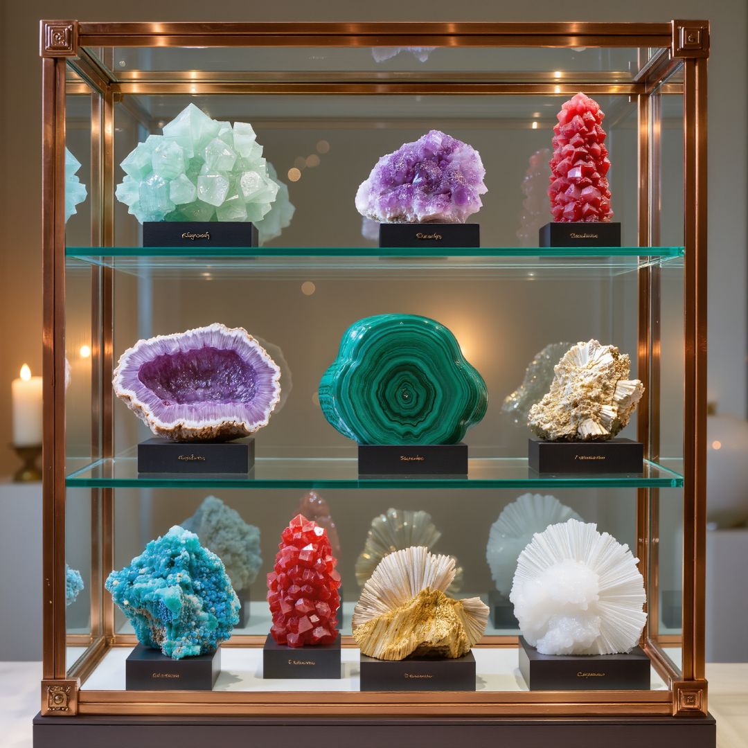 Collector crystals and rare mineral specimens displayed in a glass case.