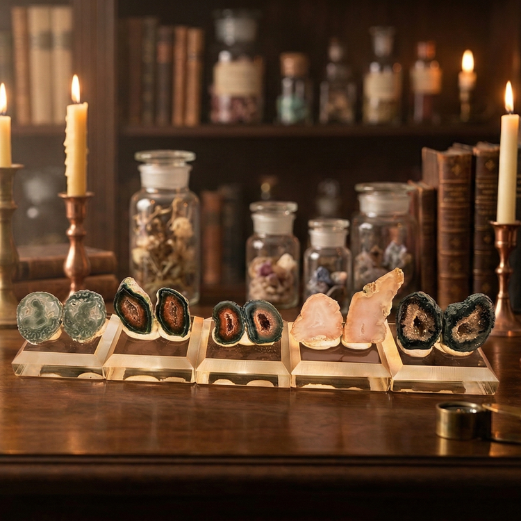 Collection of Tabasco agate matched micro-geode pairs from Zacatecas Mexico displayed on acrylic specimen stands