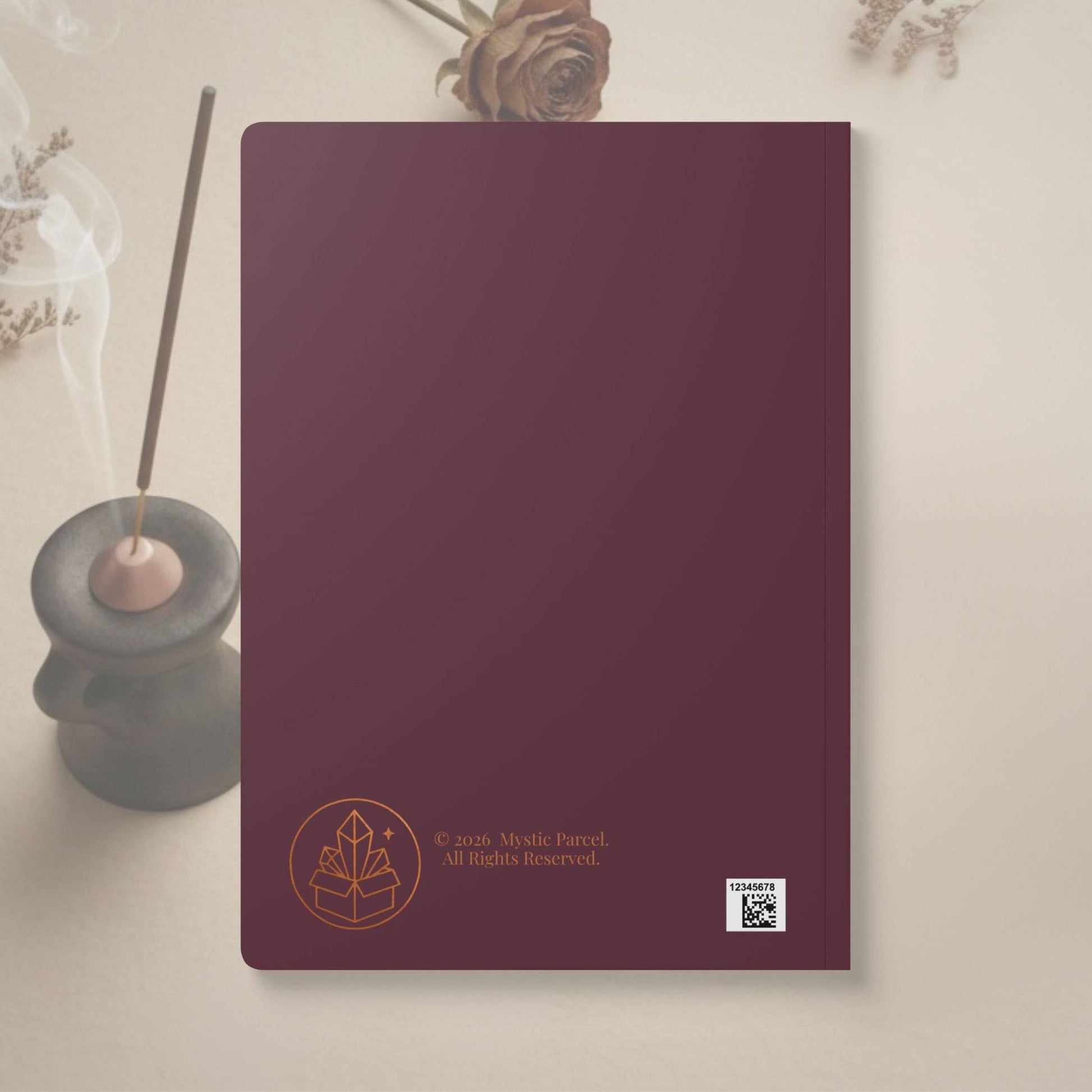 Back cover of The Hermit Tarot Journal - Soft Cover with Mystic Parcel logo and copyright, perfect for spiritual or personal writing.