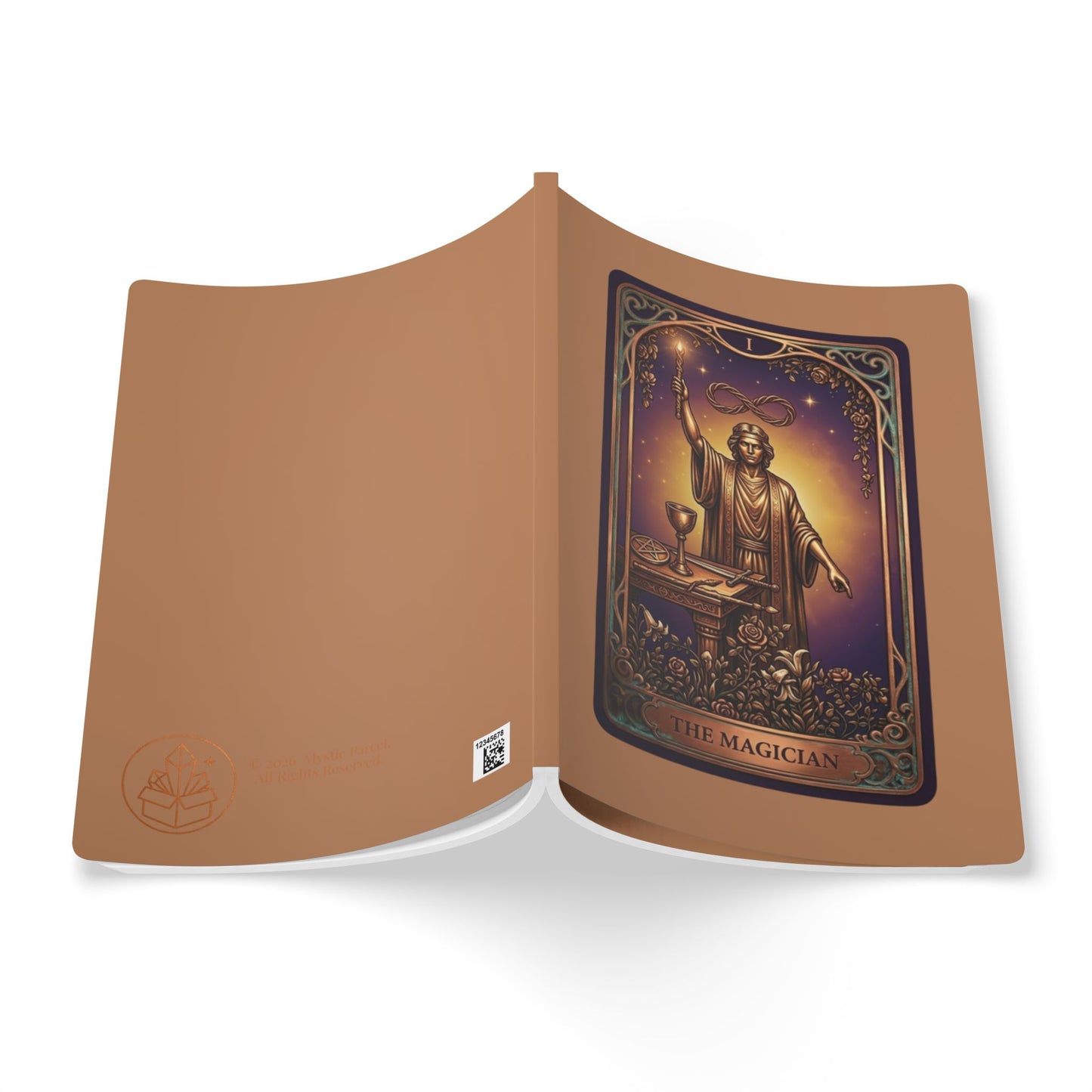 Open book with 'The Magician' tarot card design on a golden background