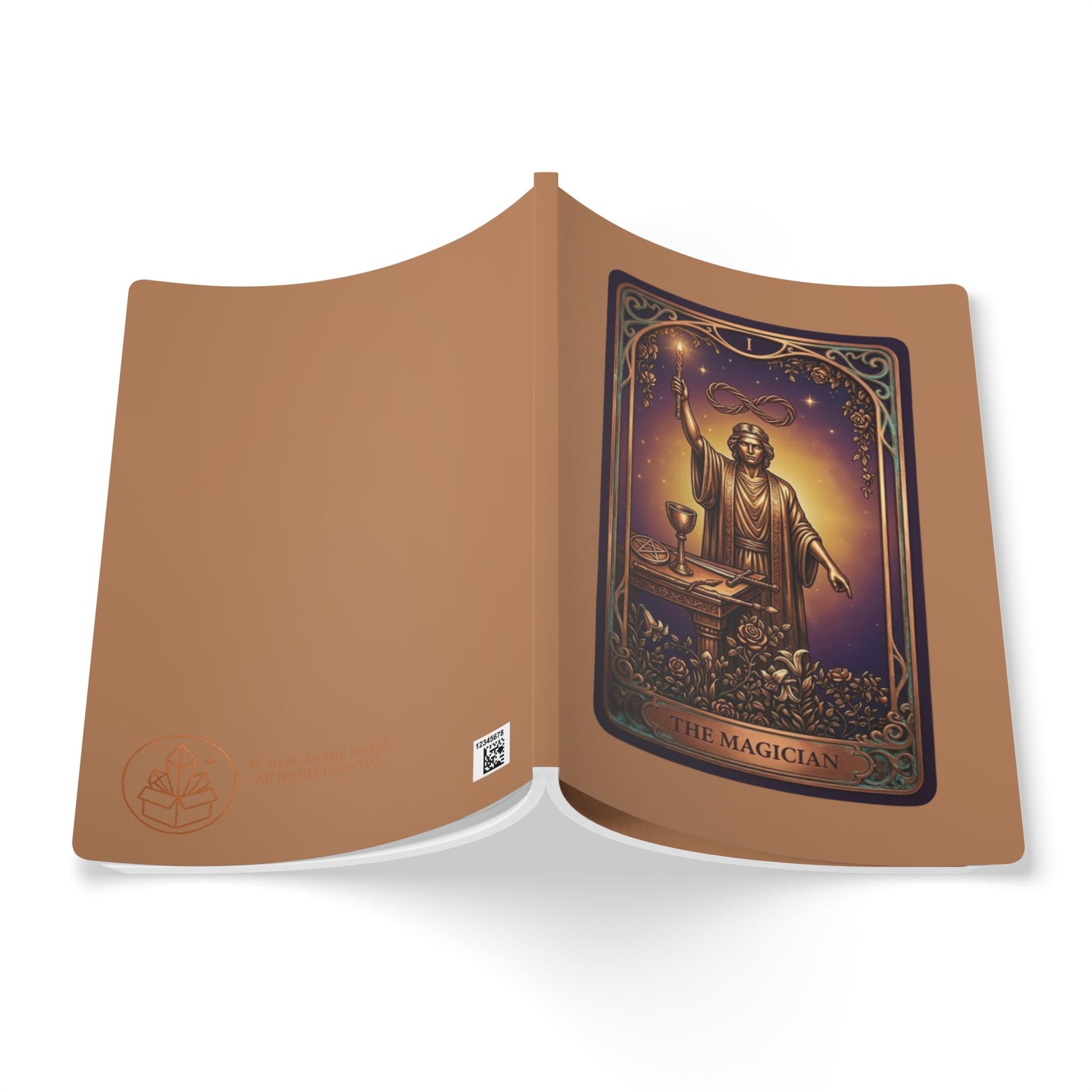 Open book with 'The Magician' tarot card design on a golden background