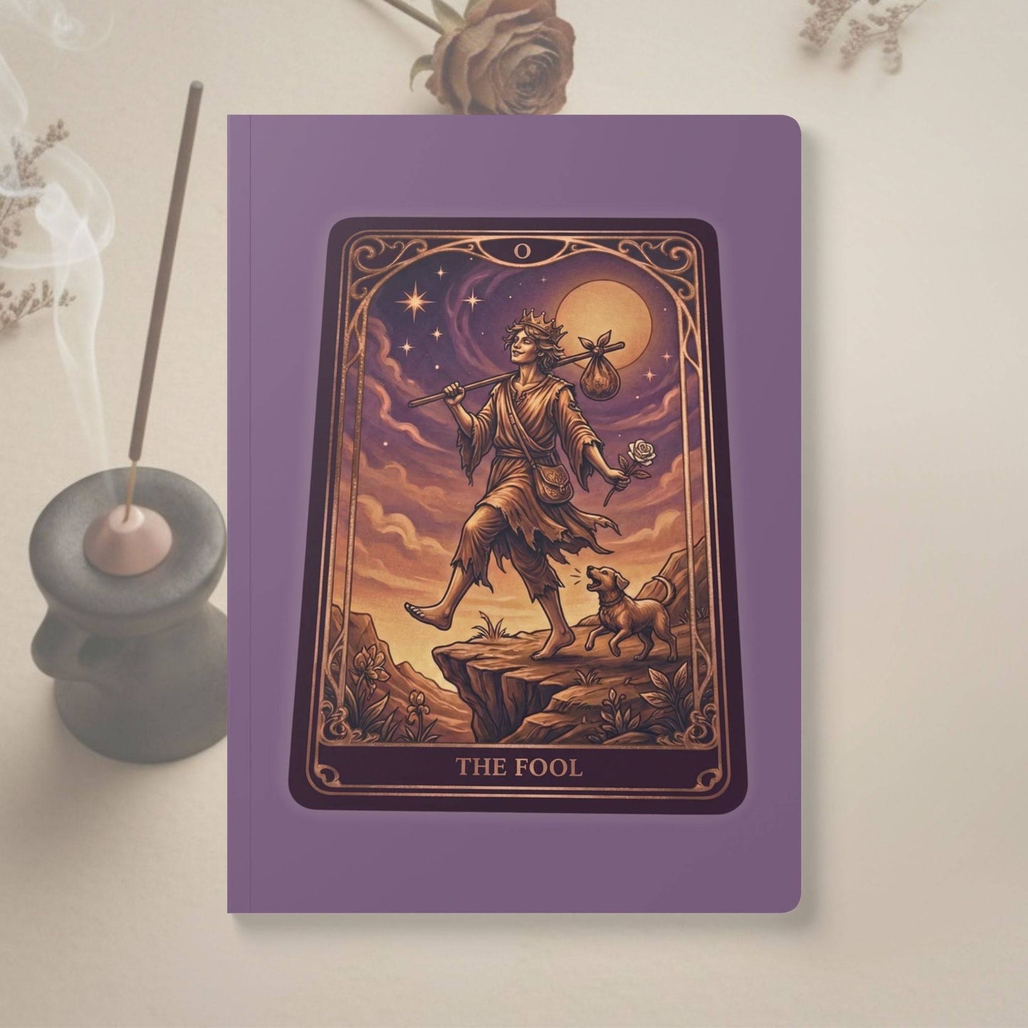 The Fool Tarot Journal cover with Mystic Parcel Intention Art inhouse created illustration