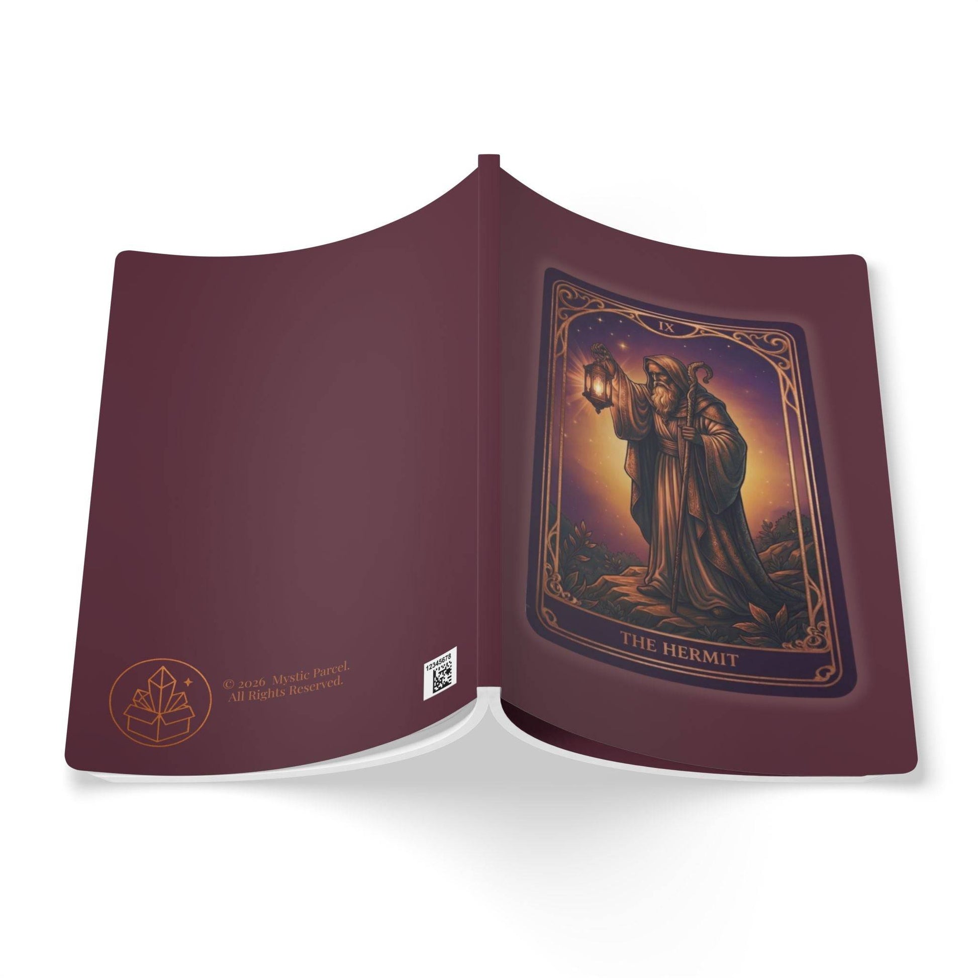 The Hermit Tarot Journal - Soft Cover shown fully opened, highlighting front and back cover design with tarot-themed artwork.