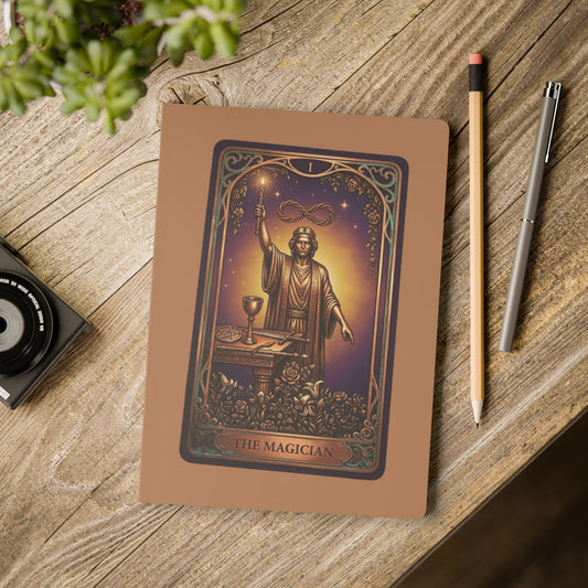Notebook with 'The Magician' tarot card design on a wooden surface with a pen and pencil.