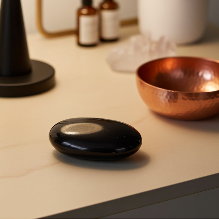 Decorative items on a table including a black lamp, copper bowl, and small bottles.
