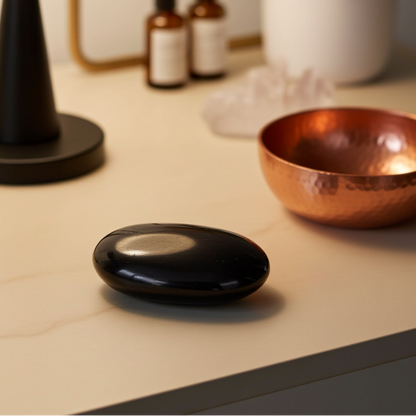 Decorative items on a table including a black lamp, copper bowl, and small bottles.
