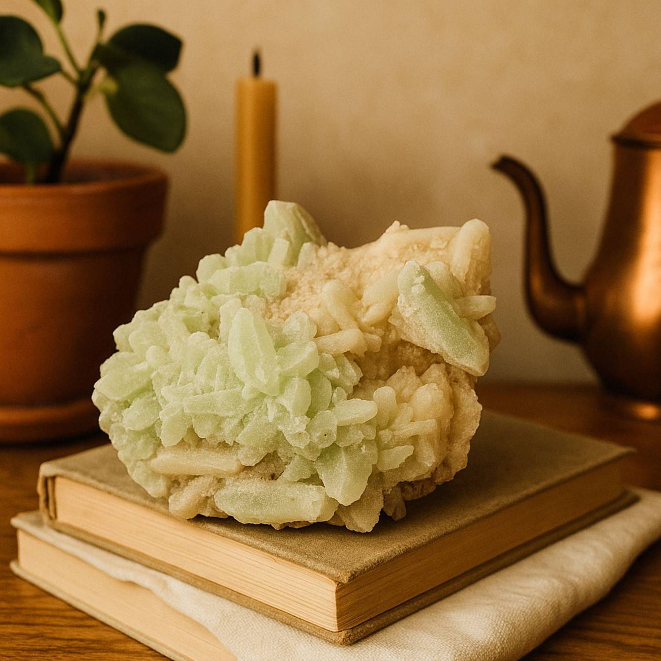Green Apophyllite Stilbite mineral specimen displayed on a book, ideal for collectors seeking heart-healing crystals for clarity and intuition.