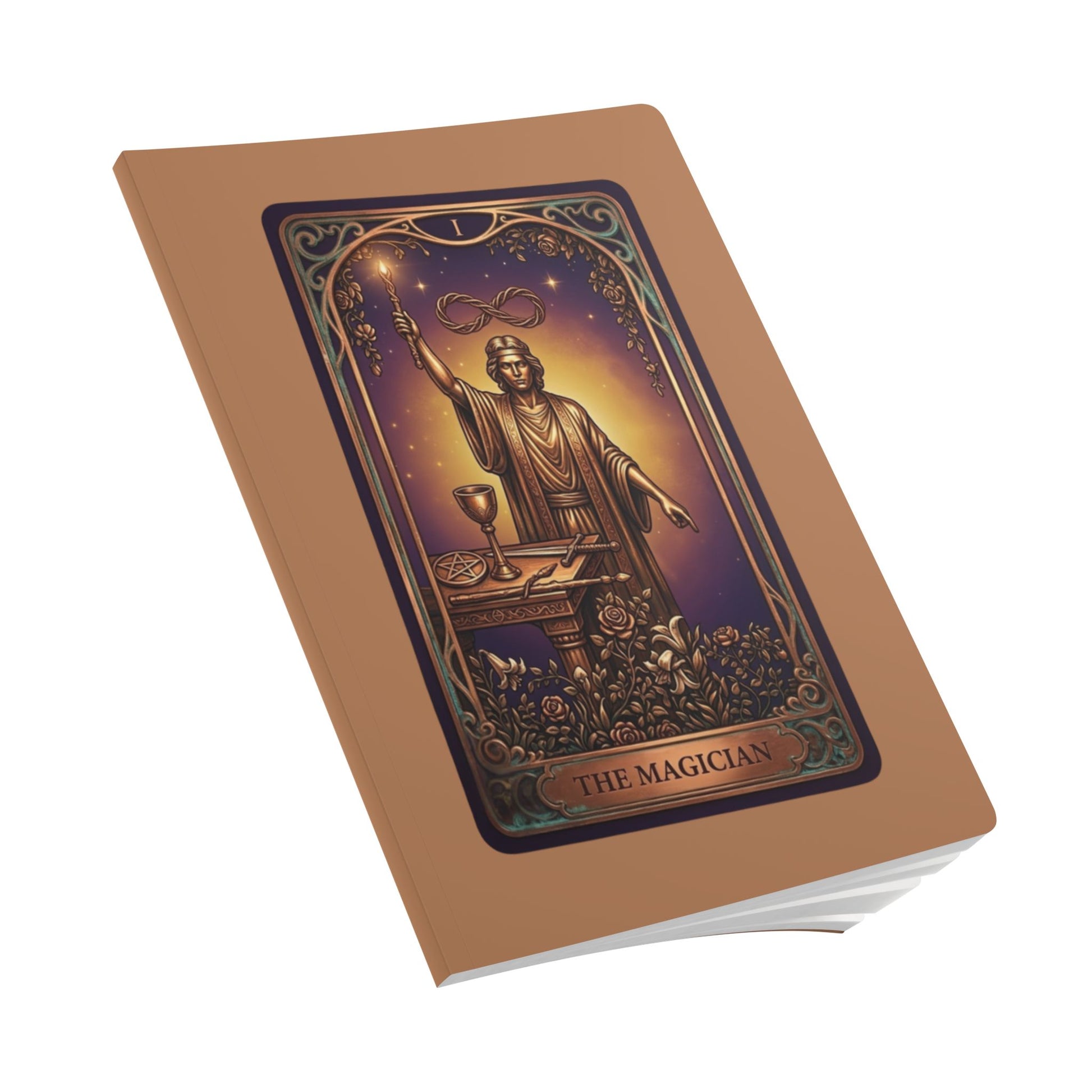Tarot card featuring 'The Magician' design on a golden background