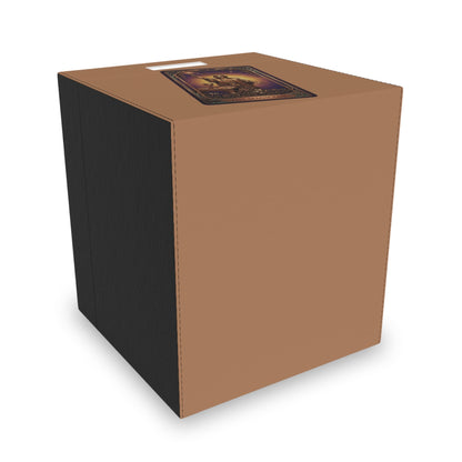 Brown and black box with a decorative label on a golden background