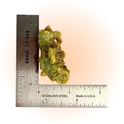 Cuprian Adamite Crystal Specimen from Ojuela Mine Mexico | 16g shown with ruler for scale, collectible mineral for hobbyists and crystal lovers.