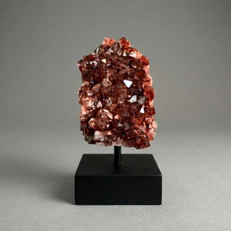 Mounted Alaçam Amethyst Druzy Specimen — Compact Display Cluster (68g) Turkey on a black stand, ideal for collectors and gemstone displays.