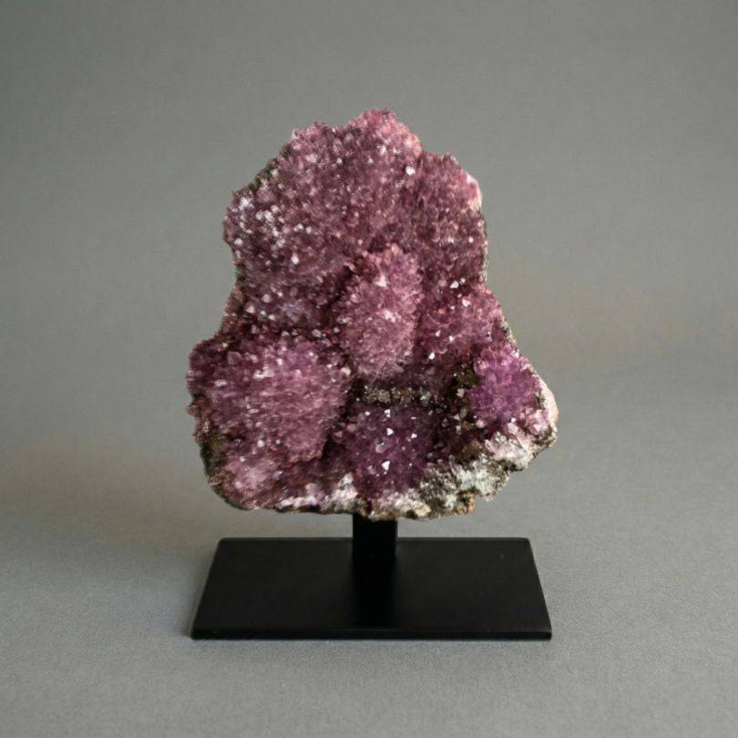 Alaçam Amethyst Druzy Specimen — Multi-Peak Crystal Formation (94g) mounted on a black display stand, perfect for decorative gemstone collections.