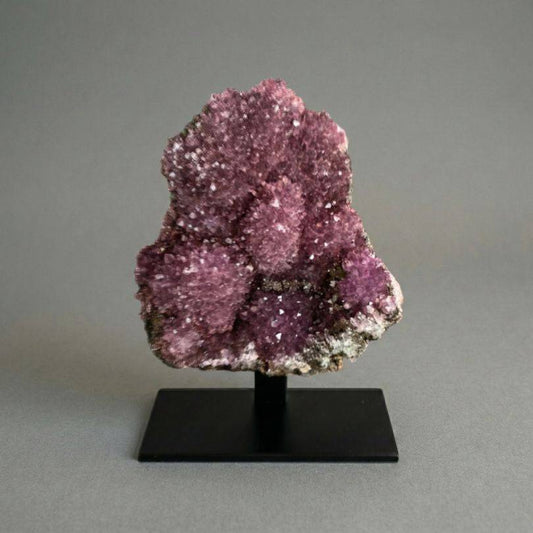 Alaçam Amethyst Druzy Specimen — Multi-Peak Crystal Formation (94g) mounted on a black display stand, perfect for decorative gemstone collections.
