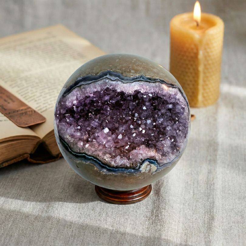 Brazilian Amethyst Geode Sphere 761g displayed with candle and book, showcasing calming violet crystals for meditation and energy work.