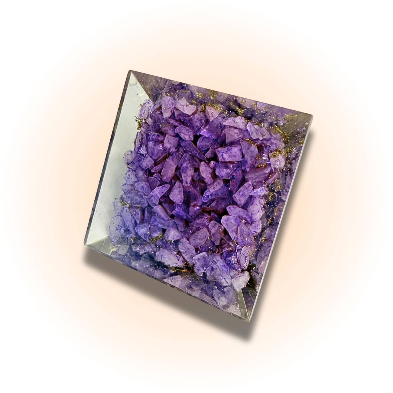 Botton view of Amethyst Tree of Life Pyramid showing vibrant purple crystal chips in clear resin, ideal for decorative energy healing.