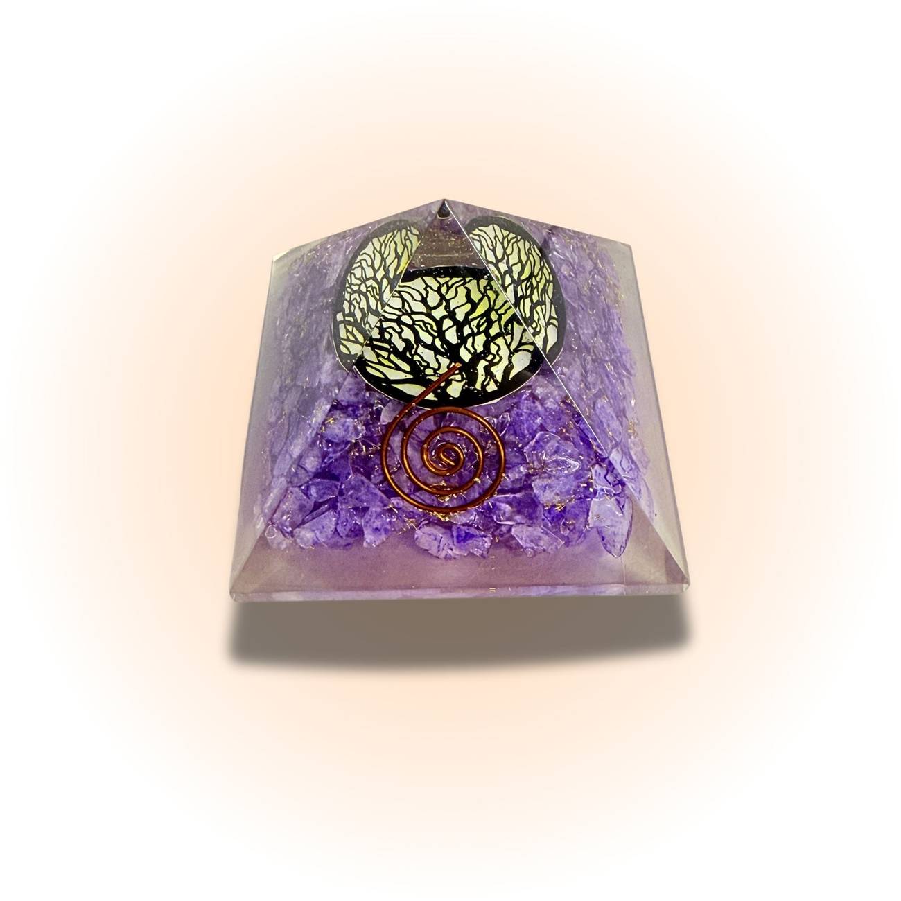 Amethyst Tree of Life Pyramid with copper spiral and enhanced resin, ideal for spiritual home decor and energy balancing.