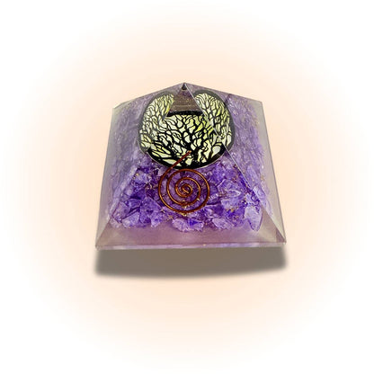 Amethyst Tree of Life Pyramid with copper spiral and enhanced resin, ideal for spiritual home decor and energy balancing.