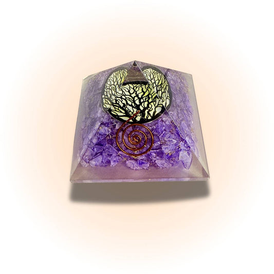 Amethyst Tree of Life Pyramid with copper spiral and enhanced resin, ideal for spiritual home decor and energy balancing.
