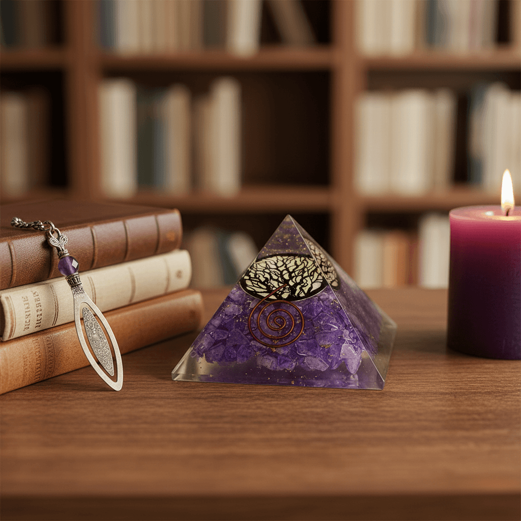 Enhanced Orgonite Amethyst Tree of Life Pyramid on bookshelf with candle, perfect for tranquil home decor and meditation spaces.