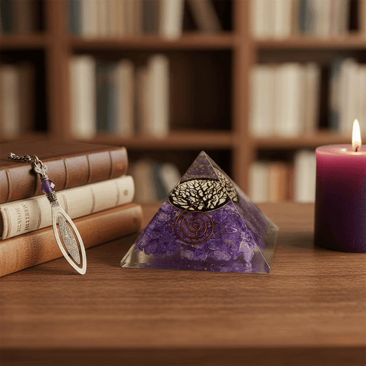 Enhanced Orgonite Amethyst Tree of Life Pyramid on bookshelf with candle, perfect for tranquil home decor and meditation spaces.