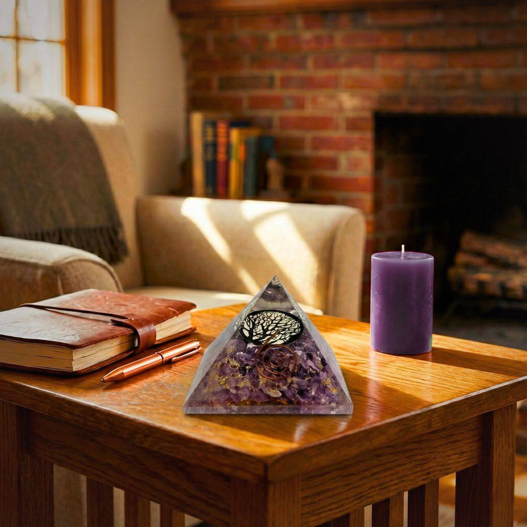 Amethyst Tree of Life Orgonite Pyramid placed on a wooden table in a cozy living room, enhancing calming energy and home decor ambiance.