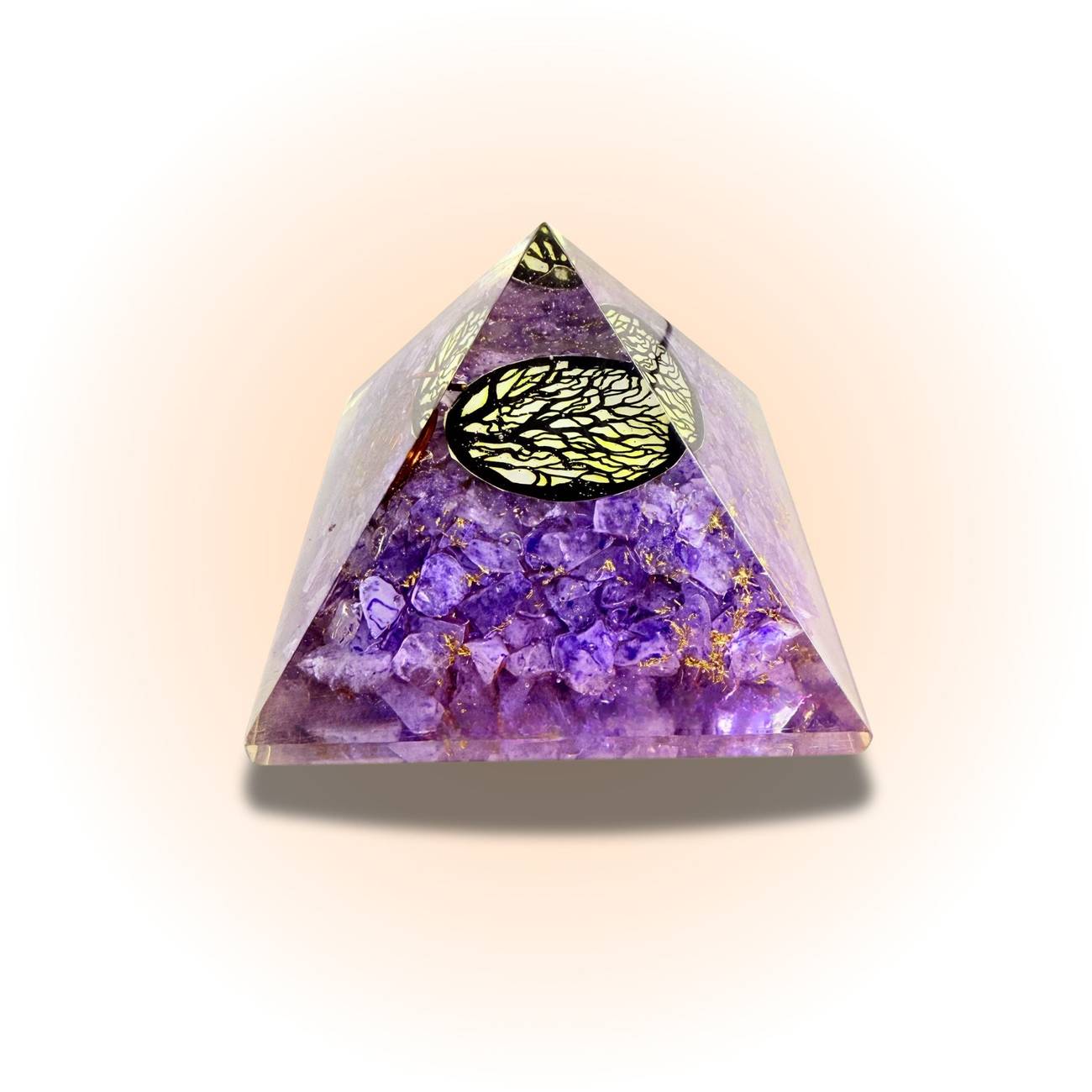 Amethyst Tree of Life Orgonite Pyramid featuring purple crystals and golden tree design, enhancing home decor with grounding energy.