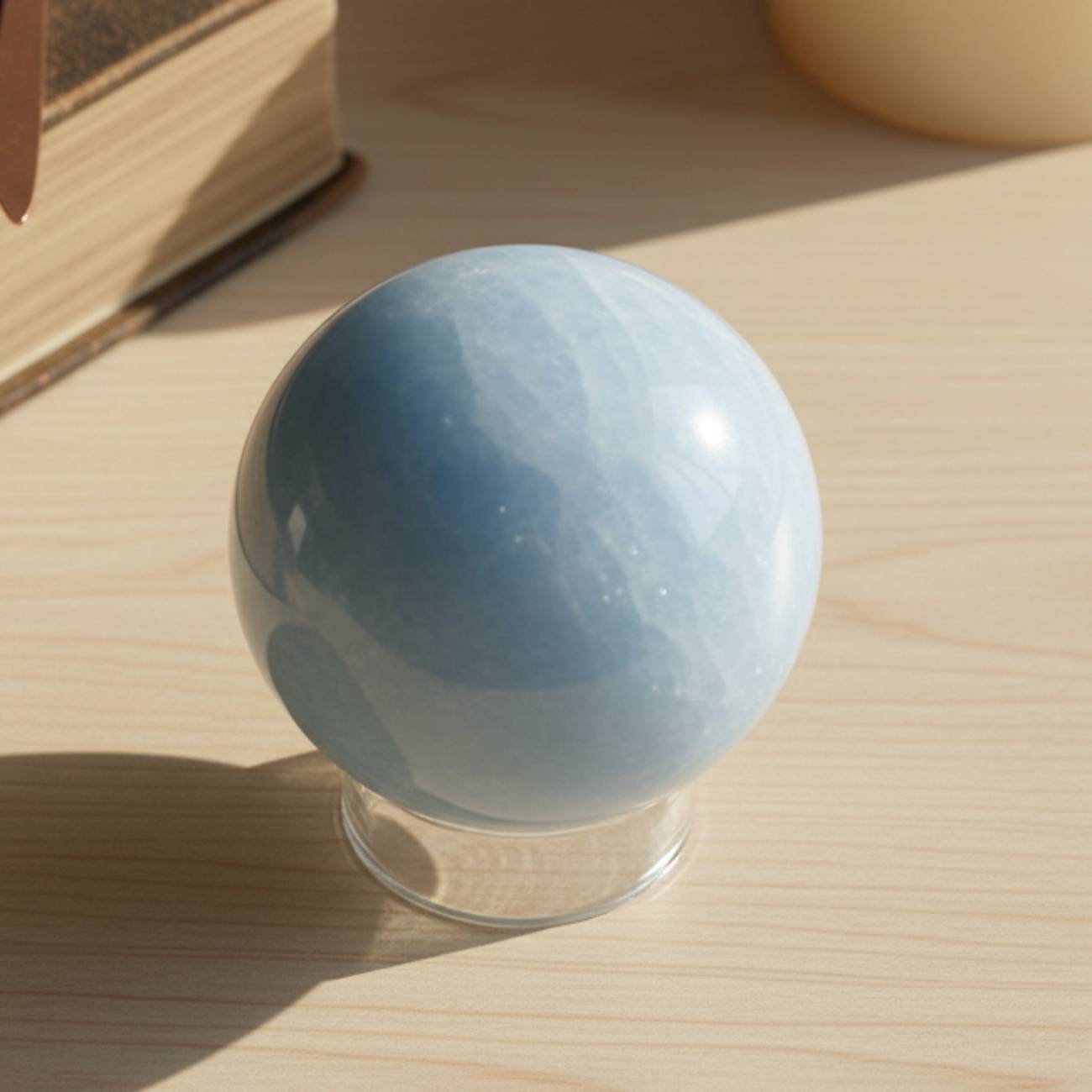 Buy Angelite Sphere for Meditation - Calm & Soothing. Sky-blue polished Angelite crystal sphere on stand, ideal for spiritual connection and energy work.