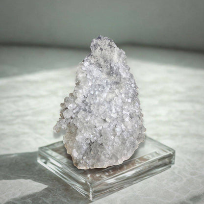 Apophyllite Cluster - Collector Specimen 497g displayed on a clear stand, highlighting its sparkling facets and natural light reflection.