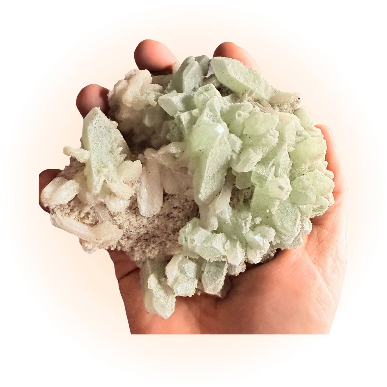 Handheld Green Apophyllite Stilbite specimen showing size and texture, a unique 357g collectible crystal for healing and decorative use.